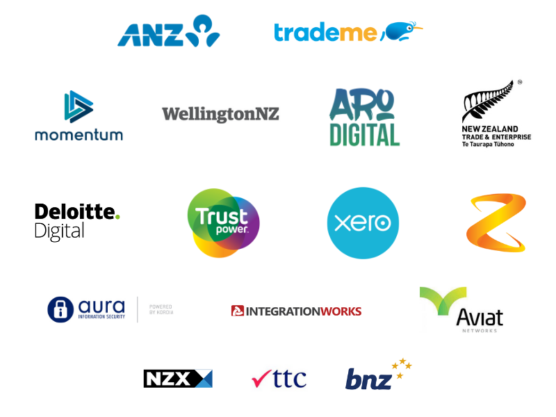ANZ, Trademe, Momentum, WellingtonNZ, Aro Digital, NZ Trade and enterprise, Deloitte, Trust power, Xero, Z Energy, Aura, Integration works, Aviat Network, NZX, TTC, BNZ