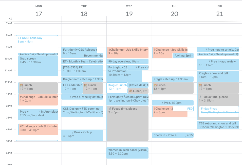 Screen shot of a senior developer's busy weekly calendar