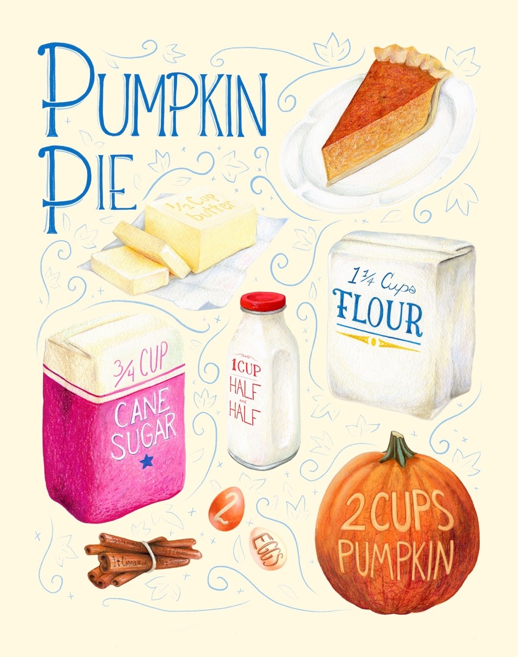 Water colour illustrations of pumkin pie ingredients by Kendyll Hillegas https://kendyllhillegas.tumblr.com/post/182918505284/something-a-little-different-that-i-made-back-in