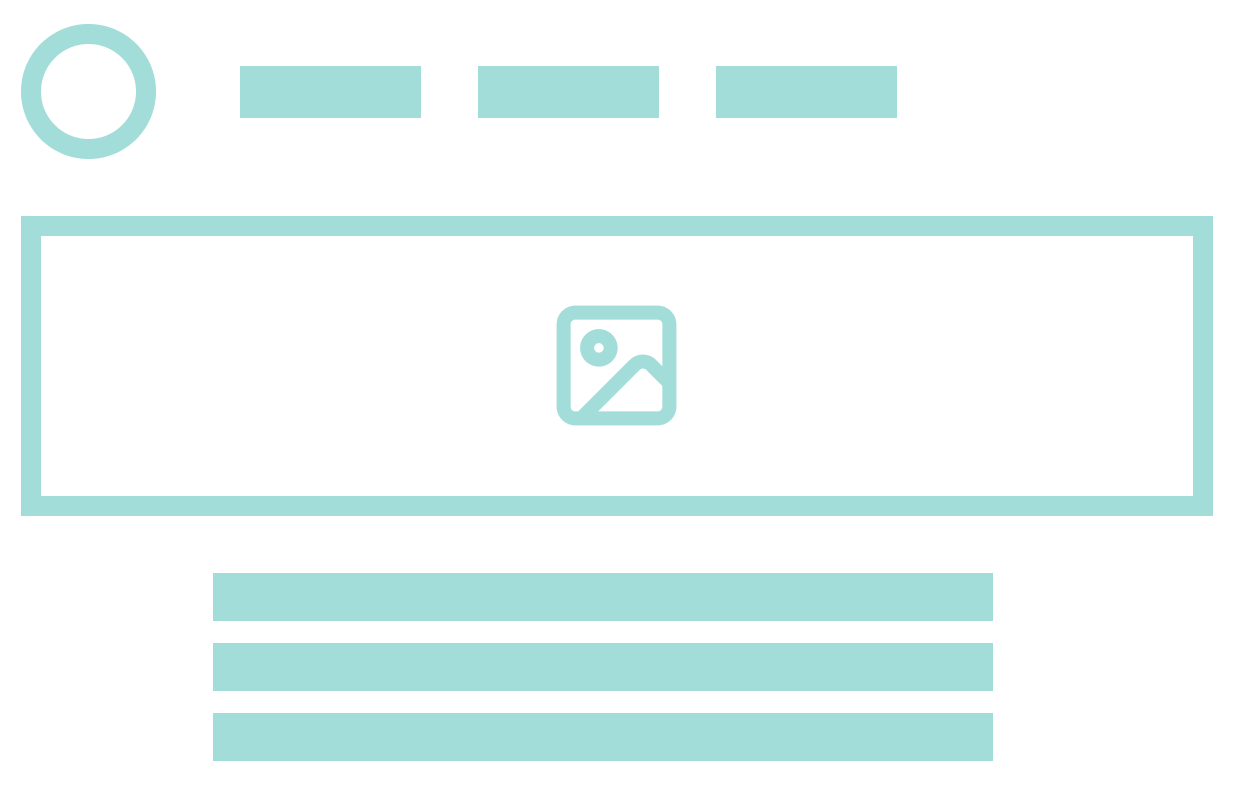 Wireframe of a website, with icon and navigation at the top, hero image, then text content
